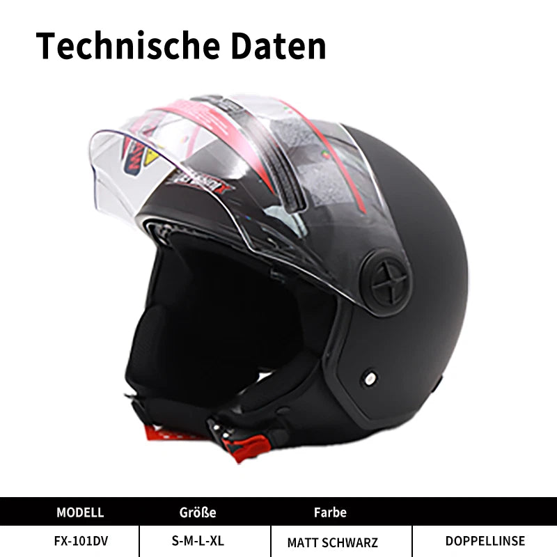 Helm Dreivertelhelm Doppellinse Matt Schwarz für Motorrad und Roller Größe S‑XL