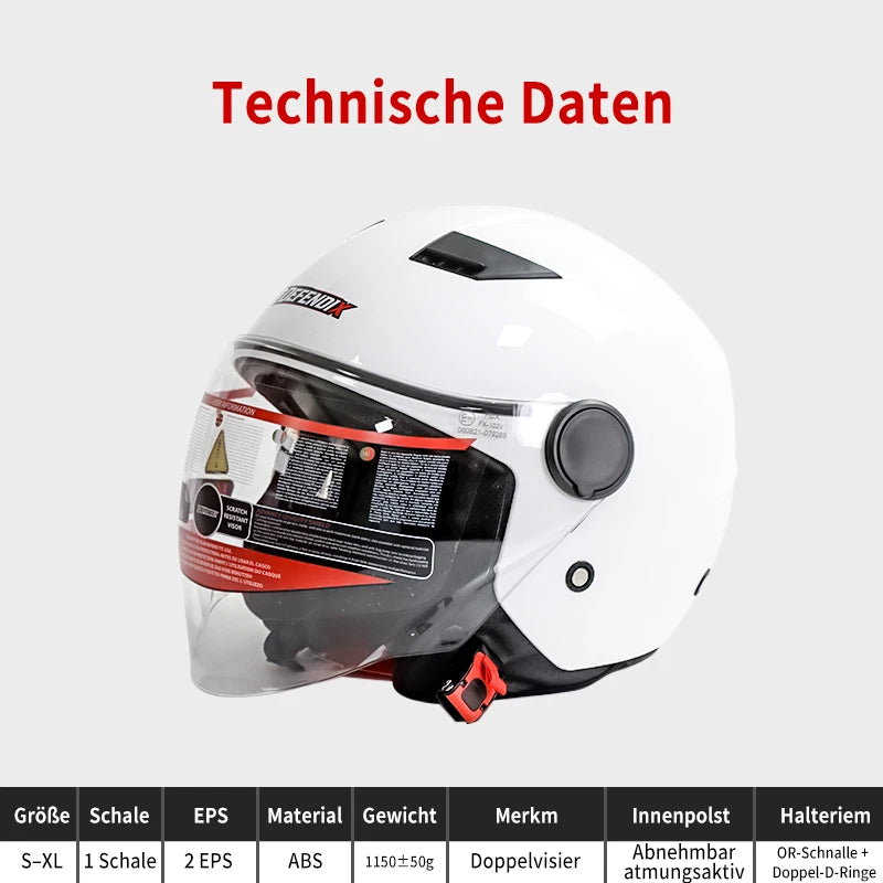 Helm Dreivertelhelm Einzellinse Glanz Weiss für Motorrad und Roller Größe S‑XL