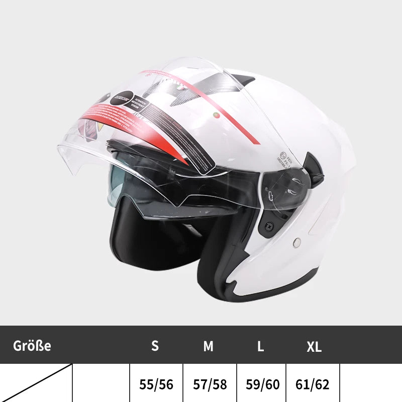Helm Dreivertelhelm Doppellinse Glanz Weiss für Motorrad und Roller Größe S‑XL