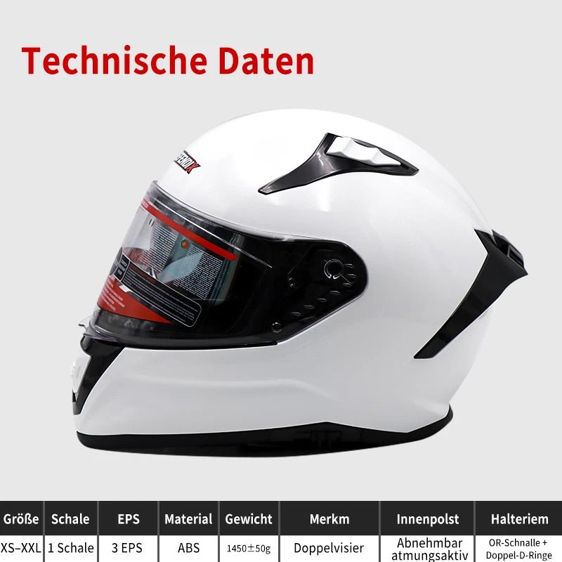 Helm Vollhelm Glanz Weiss für Motorrad und Roller Größe S‑XL