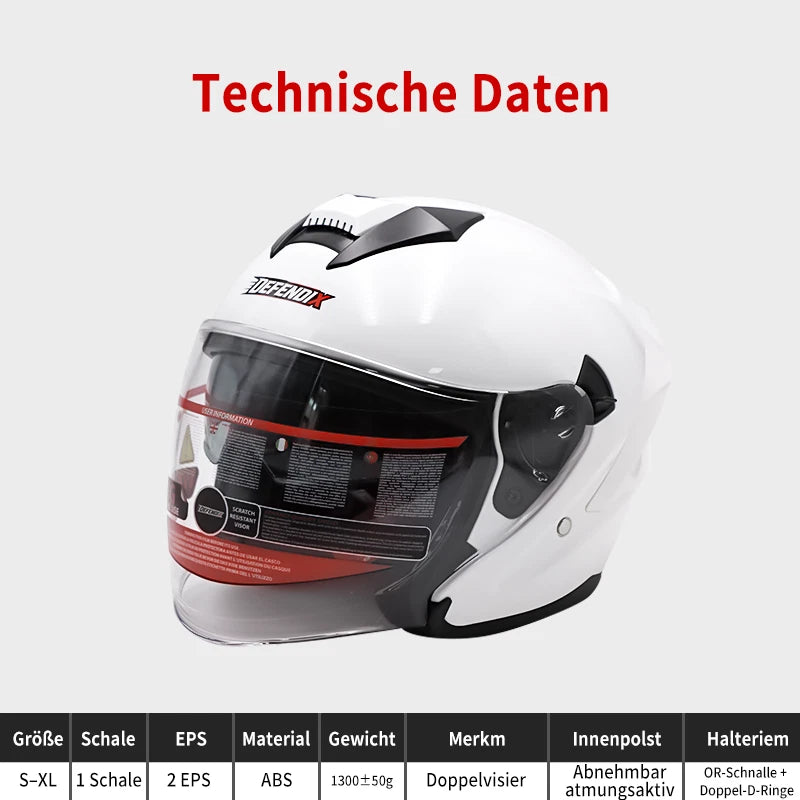 Helm Dreivertelhelm Doppellinse Glanz Weiss für Motorrad und Roller Größe S‑XL
